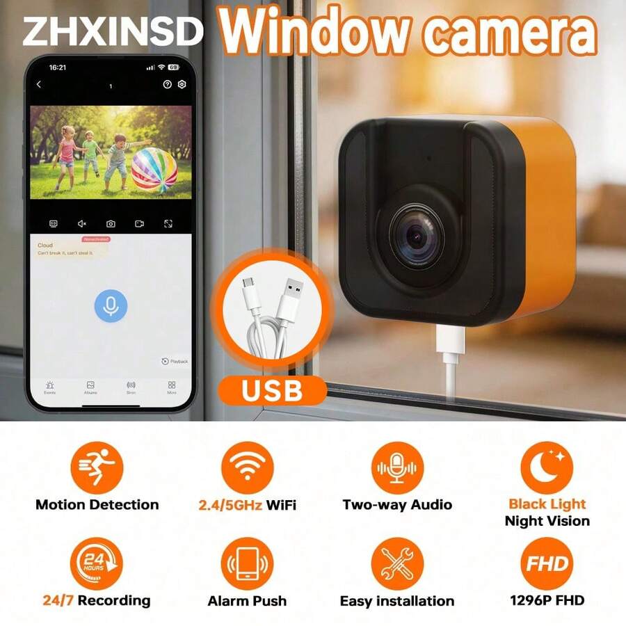 ZHXINSD 1件/2件 1296P 智慧窗戶安全攝影機，室內窗戶安裝監控攝影機，星光夜視，AI 人體偵測，雙向語音，2.4G/5G 雙頻 WiFi，廣角鏡頭，居家安全監控攝影機 - 黑橙色 - 查看 1