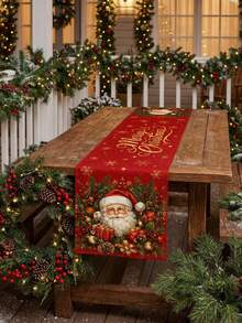 1pc Santa Claus Merry Christmas Printed Table Runner, Red Holiday Tablecloth, Suitable For Dining Table, Desk, Fireplace, Living Room And Christmas Home Decor - Red - View 8
