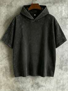 [OBM Men's Wear - Aiyang] Summer Men's Washed Distressed Hooded Short-Sleeve T-Shirt, Casual Retro, Streetwear - Black - View 3
