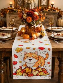 Camino de mesa con diseño de gato y hoja de arce para el Festival de Cosecha de Acción de Gracias, estilo pastoral de otoño, decoración del hogar y cocina de Acción de Gracias, camino de mesa, mantel individual, funda de almohada, decoración del hogar y suministros para fiestas del Festival de Cosecha de Acción de Gracias - Multicolor - Ver 3