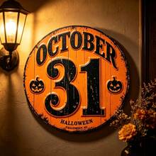 1pc Orange & Black Vintage October 31 Halloween Round Wooden Sign, 3D Number Pumpkin Door Decor, Fireplace & Cafe Atmosphere Hanging Ornament, Daily Decoration And Halloween Gift - Multicolor - View 2