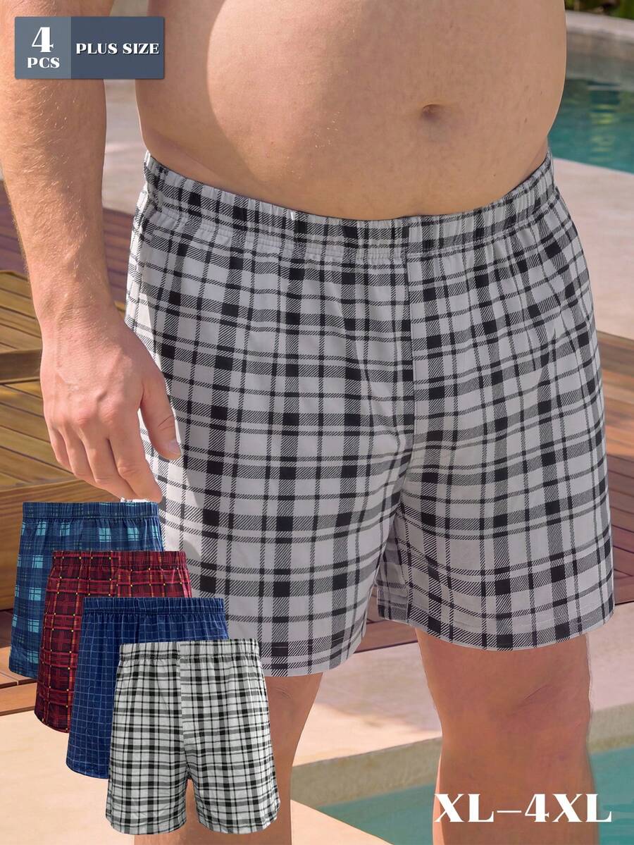 4pcs Men's Plus Size Plaid Print Loose Comfortable Pajama Pants Thin Breathable Elastic Boxer Shorts With Elastic Waistband Multi-Color Set - Multicolor - View 1