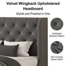 Modern Velvet Upholstered Bed Frame With Curved Wingback Design, Wooden Platform Bed Frame For Bedroom, Full Bed Frame/ Queen Bed Frame/ King Bed Frame/ Full Size Bed Frame/ Queen Size Bed Frame/ King Size Bed Frame,Pink/ White/ Grey - 深灰色 - 查看 3