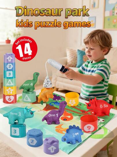 Dinosaur Fishing Matching Set & Number Cognition Stacking Cups Scene Play Mat 2-In-1 Early Education Toy, Baby Hand-Eye Coordination & Focus Training Teaching Aid, Back To School Parent-Child Interactive Gift, Thanksgiving Christmas Newborn Birthday Full Month 1st Birthday Surprise Gift Set, Non-Magnetic