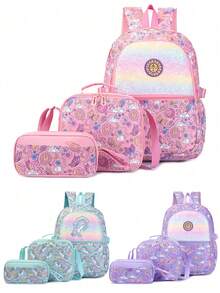 3pcs Unicorn Shiny Glitter Backpack Set, Includes Matching Insulated Lunch Bag And Pencil Case, Perfect For School, Travel And Back To School Season - Multicolor - View 3