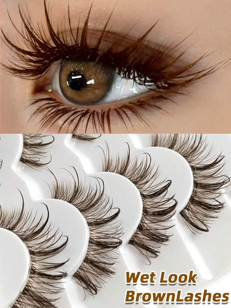 Sibeuna 6對棕色濕亮感假睫毛 透明梗 豐盈可重複使用 誇張妝感 捲翹纖細 適合初學者 旅行必備 - 漫畫款濕睫毛 - 查看 1
