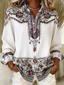 Casual Fashion Floral Print Women's Plus Size Lightweight Long Sleeve Button-Up Shirt White - White - View 2