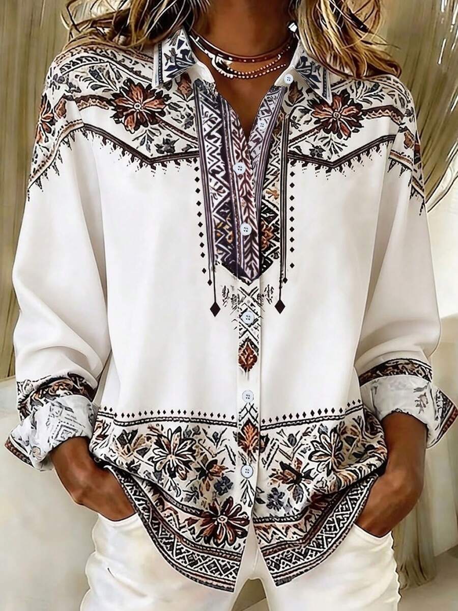 Casual Fashion Floral Print Women's Plus Size Lightweight Long Sleeve Button-Up Shirt White