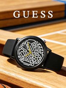 Guess 中性矽膠錶帶手錶，黑色圓盤塗鴉圖案，類比石英錶，籃球運動休閒日常佩戴，獨特趣味禮物 - 黑色塗鴉 - 查看 5