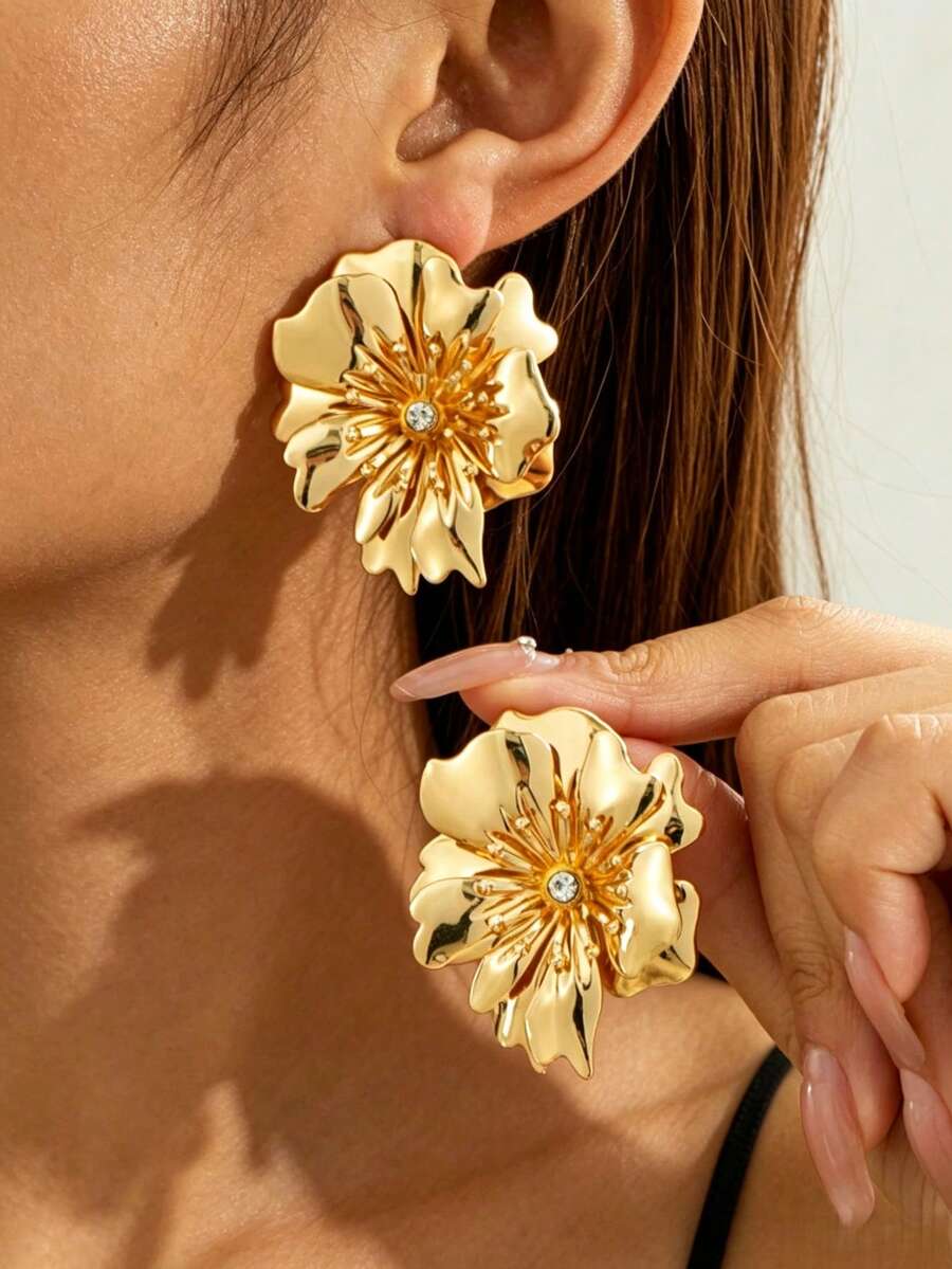 1 Pair Dreamy Retro Double-Layer Asymmetric Floral Earrings For Women - Gold - View 1