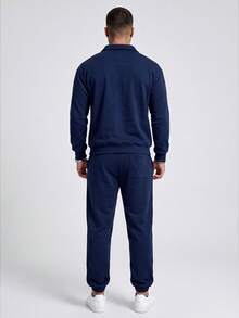 Navy Blue Half-Zip Collar Sweatshirt And Cuffed Sweatpants 2 Pieces Set, Men's Solid Color Casual Sports Outfit - Navy Blue - View 2