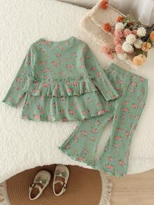 2pcs Baby Girl Fresh Cute Long Sleeve Printed Ribbed Top & Flared Pants Set, Thin Spring/Autumn - Green - View 3