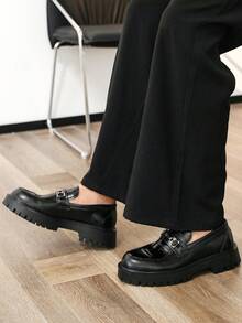 Men's Loafers, Plus Size British Style Leather Shoes, Horsebit Buckle Fashion Versatile Thick Sole Loafers, Big Toe Men's Shoes - Black - View 5