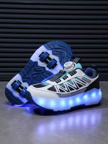 Unisex LED Rechargeable Light-Up Roller Shoes, Children's Multi-Functional Transformable Roller Skates With Detachable Wheels, Suitable For All Seasons, Outdoor And Sports Skating - Blue - View 11