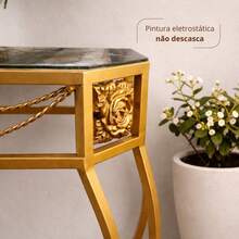 Aparador Sextavado Luxo em Ferro Dourado com Vidro Mesa para Sala Decoração Moderna Café Presente - Dourado - Visão 5