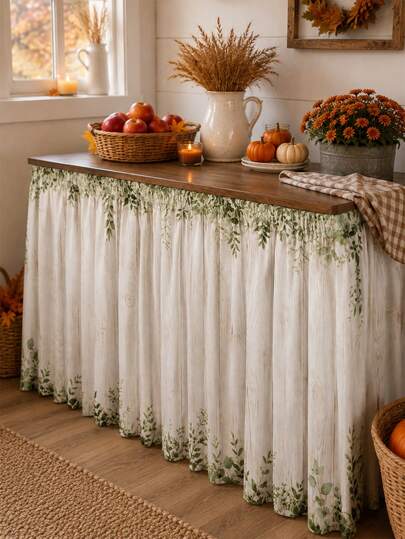 1pc White Background Green Woven Table Skirt, Fresh Country Style, Dual Function As Party Table Decor, Essential Home Decor Product For Outdoor Patio And Kitchen Countertop Decoration During Autumn Thanksgiving