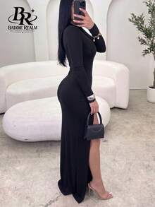 Robe longue moulante fendue pour femme BADDIE REALM, sexy pour soirée en amoureux - Noir - Voir 1
