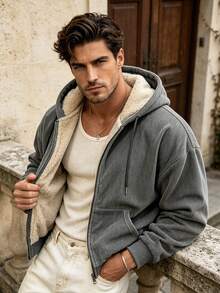 Men's Winter Casual Solid Color Minimalist Hooded Thermal Lined Jacket - Grey - View 1