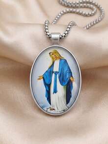 Religious Virgin Mary Pendant Necklace, Stainless Steel Oval Printed Virgin Mary Medal Box Chain, Christian Faith Jewelry, Gift For Women And Girls - Silver - View 3