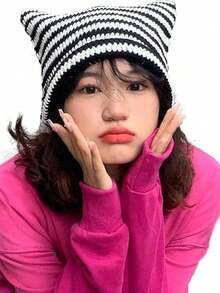 1pc Women's Handmade Knitted Hat, Y2K Striped Hat, Couple Cute Cat Ear Casual Hat, Suitable For Autumn/Winter Outdoor Sports, Street Fashion Matching, Christmas Winter Gift Cute - A - View 6