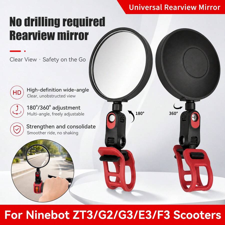 Universal Rearview Mirror Accessory For Xiaomi M365 PRO Electric Scooter Ninebot MAX G3 G2 G30 ZT3 Pro GT3 F3 E2 F2Pro F2 Plus C2Pro E8 F40 P100 Electric Scooter, Curved Mirror With 360° Rotation