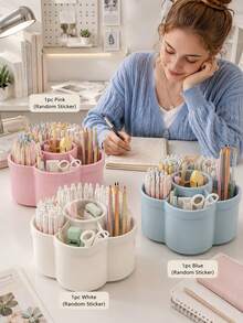 1pc 360° Rotating Pen Holder Storage Box, Suitable For School And Kindergarten Children's Desks, Divided Compartments For Organization - Multicolor - View 1