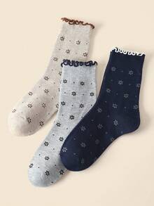 3 Pairs Multi-Size Women's Mid-Calf Socks, All-Season Vintage Ins Style, Full Body Floral Polka Dot Ruffle Lace Trim, Sweet Girl Luxury Style Women's Socks, Vintage Slouch Socks, Random Color - Multicolor - View 9