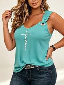 Plus Size Women's Printed Fitted Casual Tank Top Vacation Set - Green - View 2