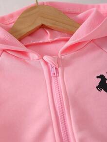 Girls Pink Hooded Sportswear Set, Pony Embroidery Zip-Up Jacket + Wide Leg Pants 2 Pieces Set, Children Casual Versatile Outwear - Pink - View 6