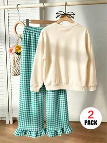 2pcs/Set Girls Green Plaid Slogan Print Crew Neck Sweatshirt And Casual Plaid Pants, Fashionable And Cute, Suitable For Autumn/Winter - Multicolor - View 2