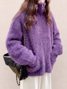 Women's Autumn/Winter Casual Minimalist Loose Slimming Fuzzy Zip-Up Knit Cardigan Sweater Jacket Fall - Purple - View 3
