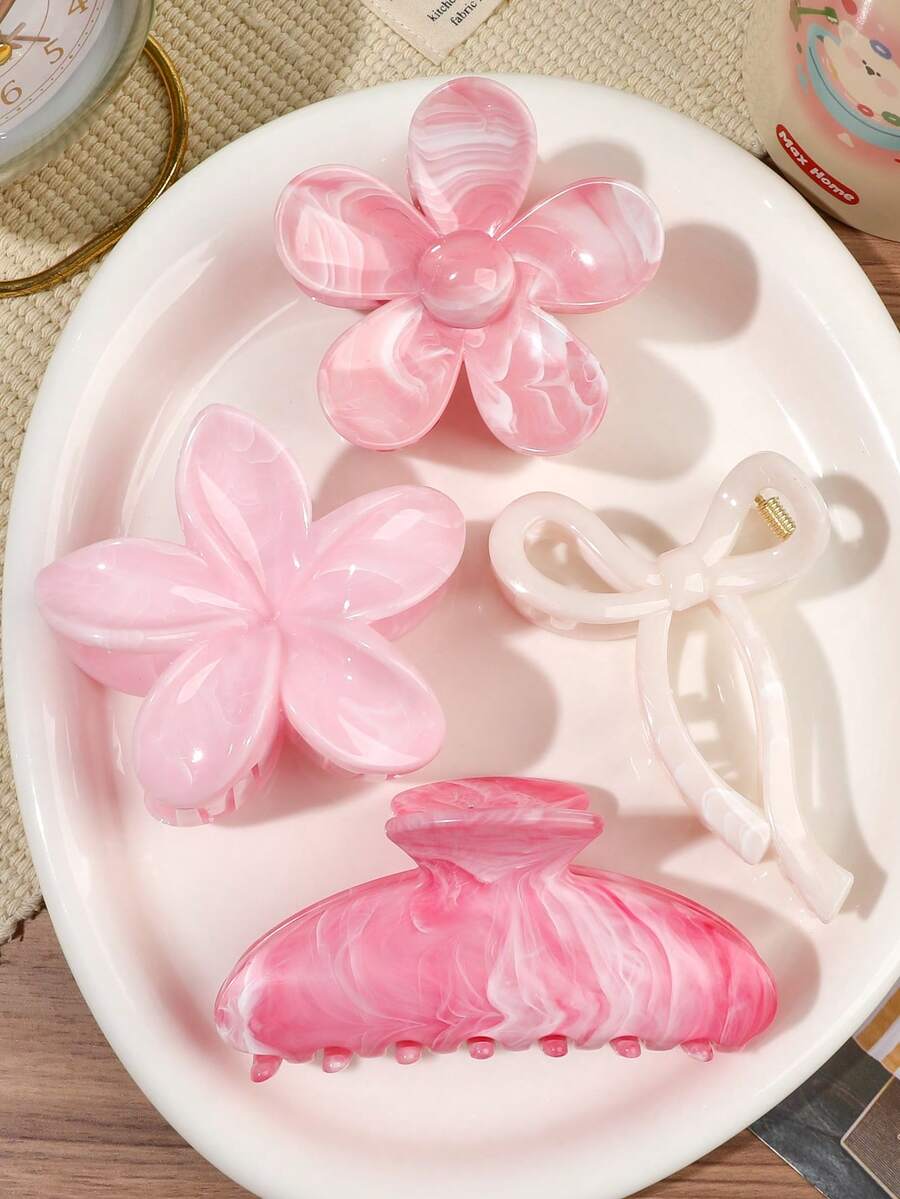 4件組 春夏波希米亞甜美粉色大理石紋蝴蝶結與雞尾花半圓花卉髮夾套組,海灘海邊盤髮髮飾 - 彩色 - 查看 1