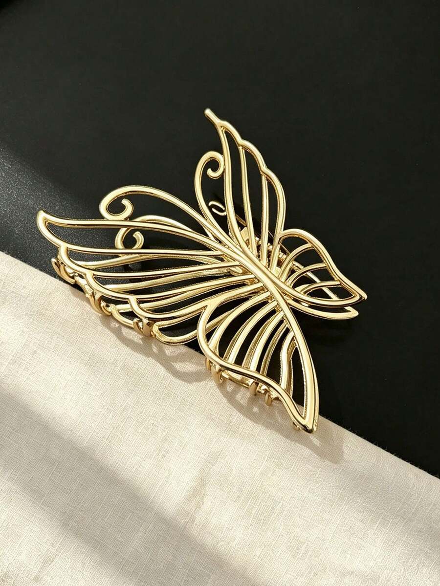 1pc Women's Elegant Hollow Line Butterfly Metal Hair Claw Clip, Minimalist Gold Large Butterfly Hair Claw, Premium Daily Commute Back Head Hair Accessory - Multicolor - View 1