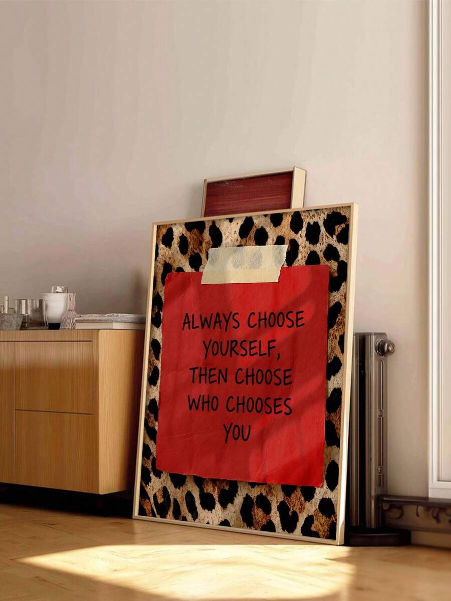 1件無框豹紋與紅色紙藝牆飾,「Always Choose Yourself」勵志復古Y2K風格海報,適合客廳、臥室、宿舍裝飾,返校季時尚海報,房間裝飾禮物 - 彩色 - 查看 1