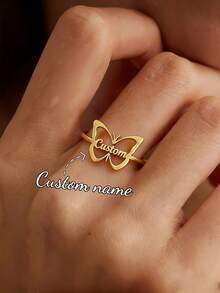 1pc Customized Butterfly Name Ring, Fashionable & Elegant Butterfly Name Open Ring, 304 Stainless Steel Jewelry, Personalized Butterfly Name Ring, Women's Casual Daily Vacation Valentine's Day Gift - Gold - View 1