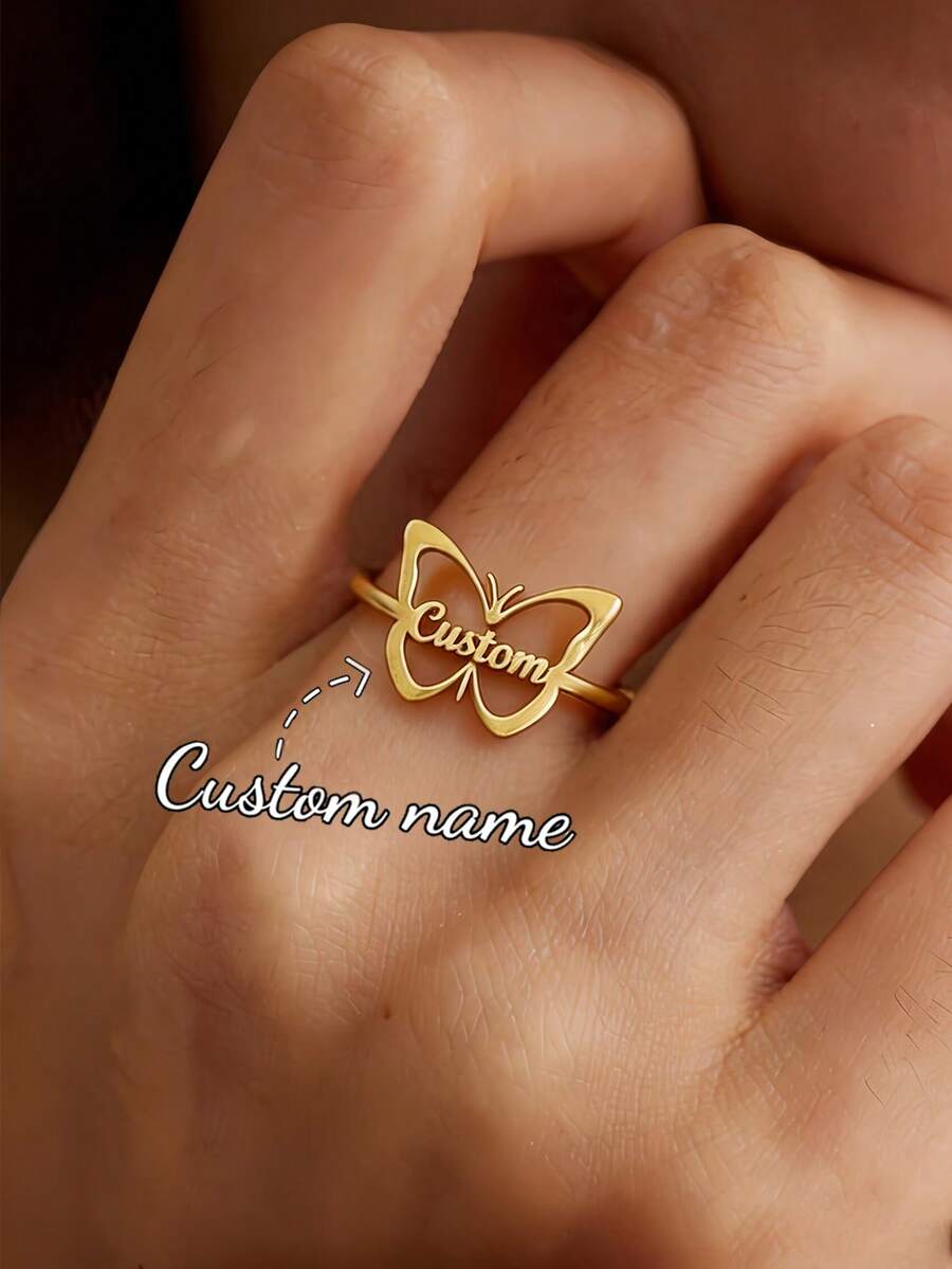 1pc Customized Butterfly Name Ring, Fashionable & Elegant Butterfly Name Open Ring, 304 Stainless Steel Jewelry, Personalized Butterfly Name Ring, Women's Casual Daily Vacation Valentine's Day Gift - Gold - View 1