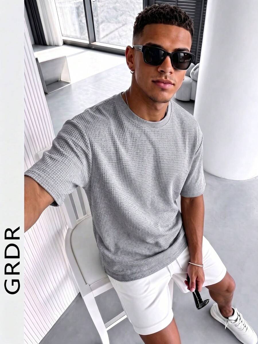 GRDR 男士夏季時尚條紋提花領短袖T恤，適合商務通勤與日常穿著
