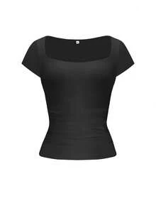 GLAMSKIN 女款夏秋基礎條紋方領短袖修身短版 T-shirt，休閒性感修身上衣，適合返校季、外出與海邊度假 - 黑色 - 查看 3