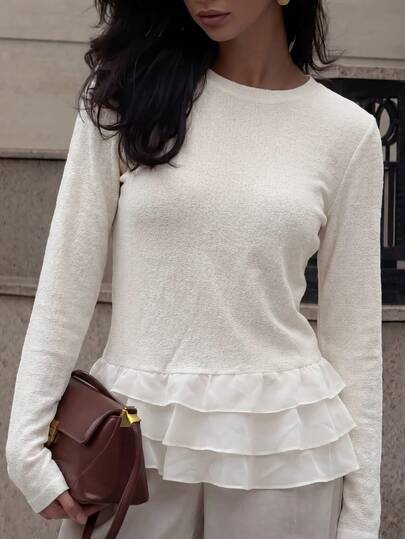 Autumn White Textured Long Sleeve Top, Round Neck Semi-Sheer Chiffon Patchwork Layered Ruffle Hem Blouse, Slim Fit Elegant Daily Commute Layering Top