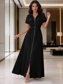 MODAMO REF AS1962 LONG DRESS WITH BELT AND ZIPPER - 黑色 - 查看 6