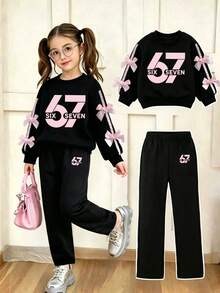 Young Girl Ribbon Bow Decor Round Neck Long Sleeve Top And Long Pants - Black - View 6