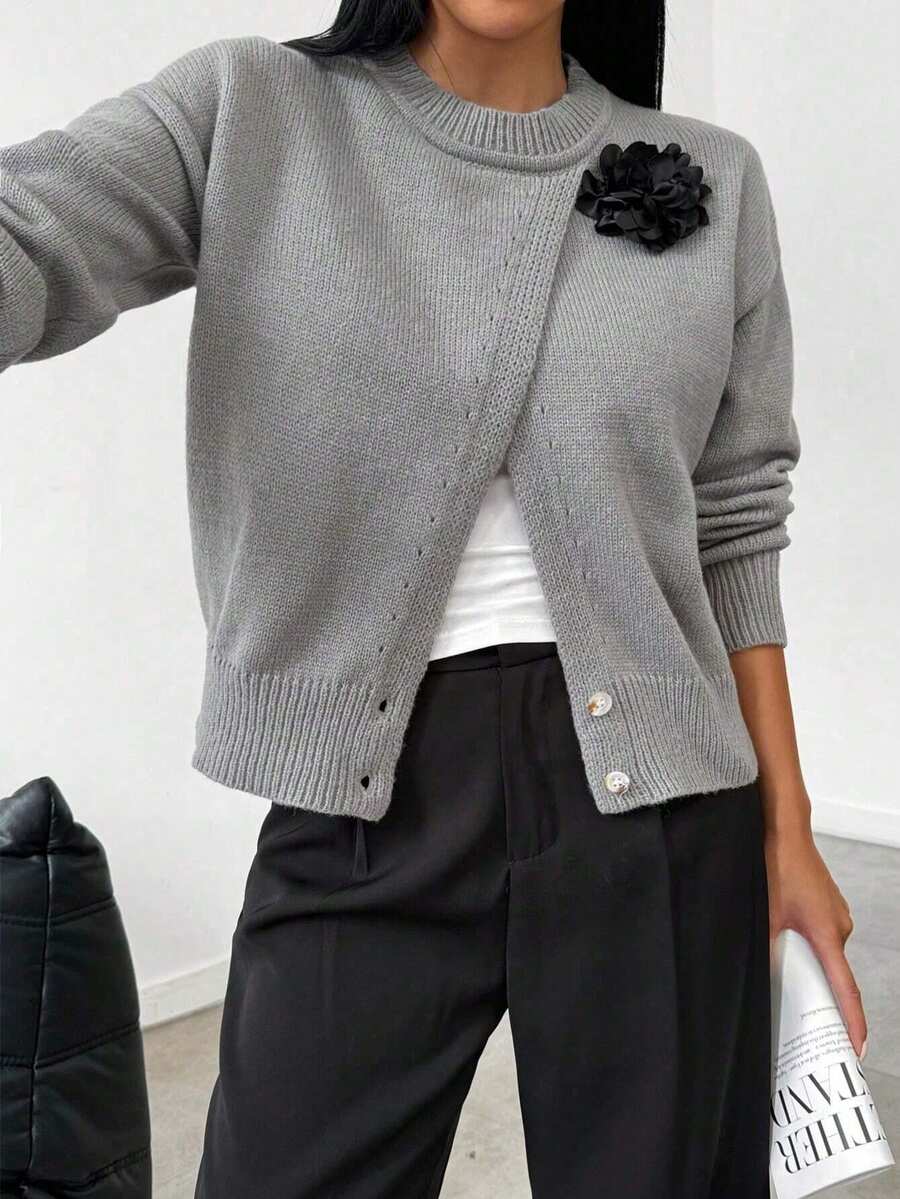 Early Autumn,Irregular Wrap Front Floral 3D Embellished DecorSplit Side Pullover Knit , Crew Neck Drop Shoulder Short Knit Outerwear,Cardigan For Wome