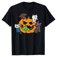 Men's Halloween T-Shirt Featuring Cute Vampire, Zombie And Cat Pumpkin Patterns, With Pumpkin Lanterns And Terrifying Cats - 款式 - 查看 1