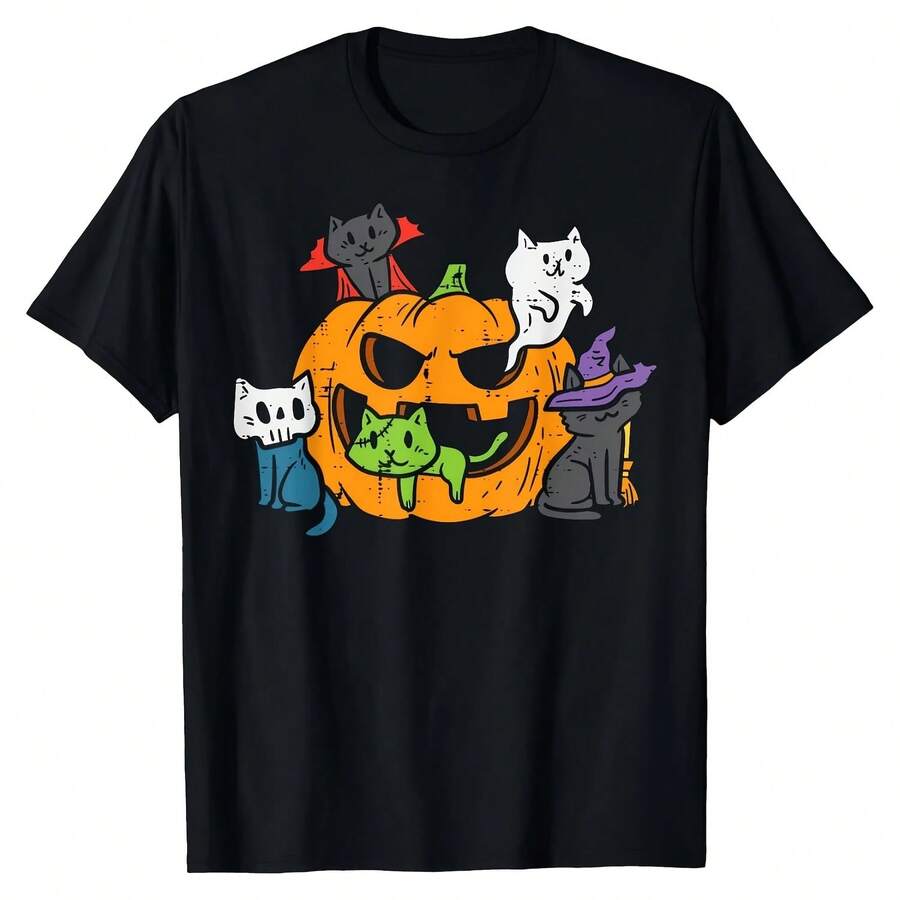 Men's Halloween T-Shirt Featuring Cute Vampire, Zombie And Cat Pumpkin Patterns, With Pumpkin Lanterns And Terrifying Cats - 款式 - 查看 1