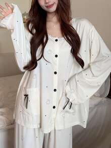 Gongdie 2pcs/Set Miffy Women's Pajama Set, Spring/Autumn Cream White Soft Modal Cotton, Ruffle Cuffs Polka Dot Print Loungewear - Beige - View 4