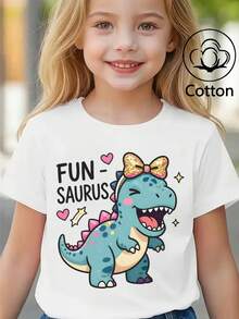 Summer/Autumn Short-Sleeved Cotton T-Shirt For Girls, Featuring A Cartoon Dinosaur Print In A Cute And Sweet Style - White - View 5