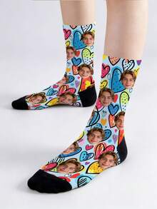 1 Pair Customized Socks, Colorful Graffiti Heart Pattern Mid-Calf Socks, Personalized Fun Photo Socks, Unisex Casual Valentine's Day Gift Socks - Multicolor - View 7