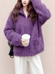 Women's Autumn/Winter Casual Minimalist Loose Slimming Fuzzy Zip-Up Knit Cardigan Sweater Jacket Fall - Purple - View 5