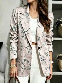 Blazer Wanita Lengan Panjang Motif Bunga dengan Kerah Terbuka, Jaket Depan Terbuka dengan Kantong Samping, Pakaian Luar Elegan untuk Kantor & Sehari-hari, Musim Semi, Musim Panas, Musim Gugur, Musim Dingin - Aprikot - View 3