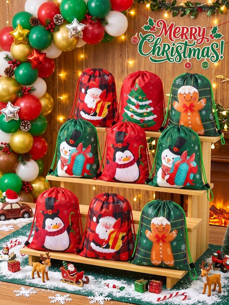 5個裝聖誕抽繩背包，聖誕歡慶組合收納袋，聖誕禮物袋，聖誕派對小禮品，聖誕裝飾，聖誕家居裝飾，聖誕禮物，2027新年裝飾
